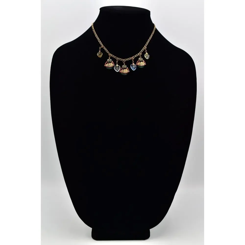 Anna Koplik Vintage Charm Necklace Collar Picnic Basket Wine Heart Signed BinBL
